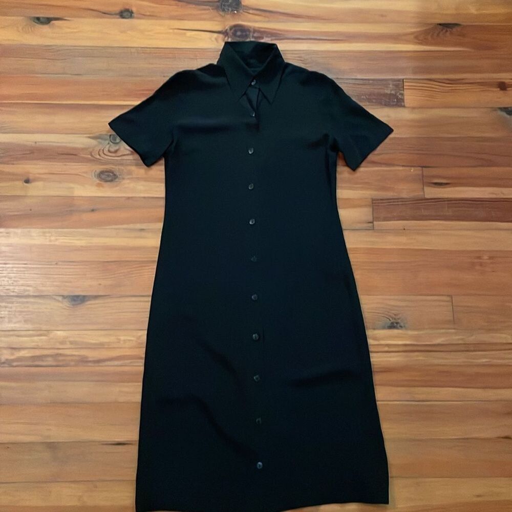Chanel Vintage 2001 Cruise Black Silk Midi Shirt Dress 36 US 4 Short Sleeves